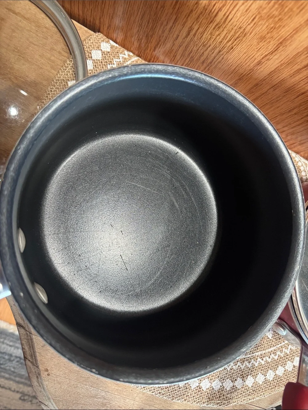 Paula Dean 1QT & 2QT Red Nonstick Saucepan Set with Glass Lids & bronze/red knob